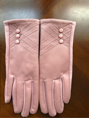 Women’s Pink Faux Leather Gloves with Button Detail S/M